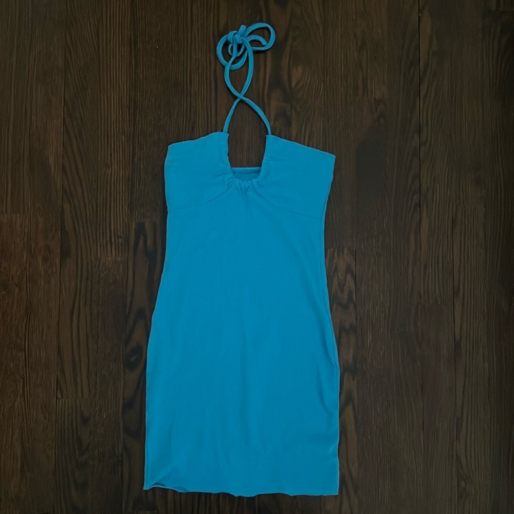 Blue tight ribbed cross strap halter dress